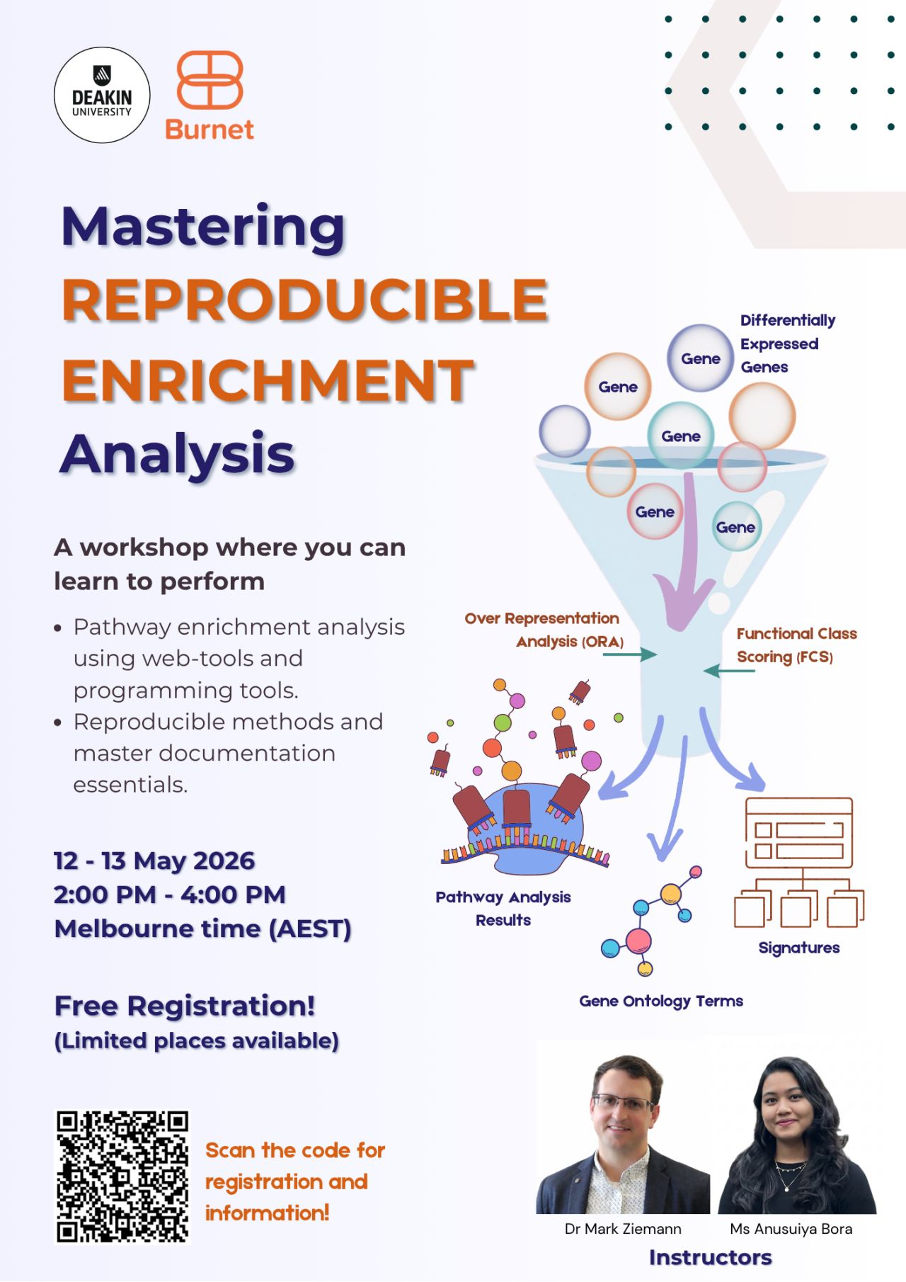 Workshop flyer with the details including photo of presenters Anusuiya Bora and Mark Ziemann