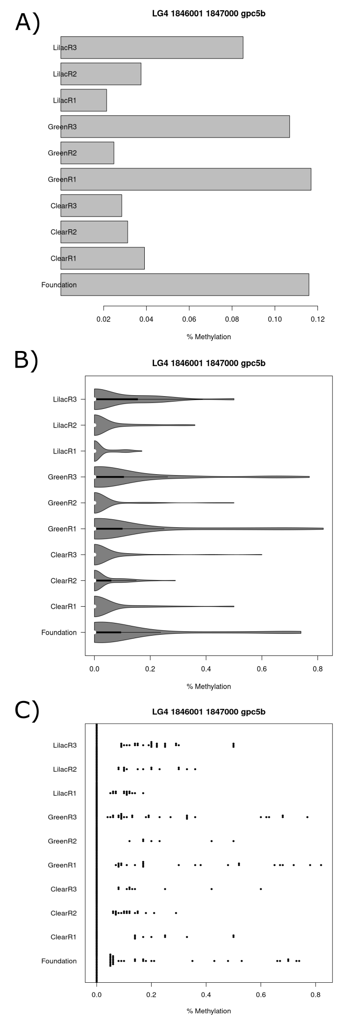 Series of charts displaying CpG methylation percentage for each sample at the tile which starts at the basepair 1846001 on chromosome 4 and is within the gpc5b and nasp gene promoter region. (A) Barchart (B)  Violin plot (C) Beeswarm plot.